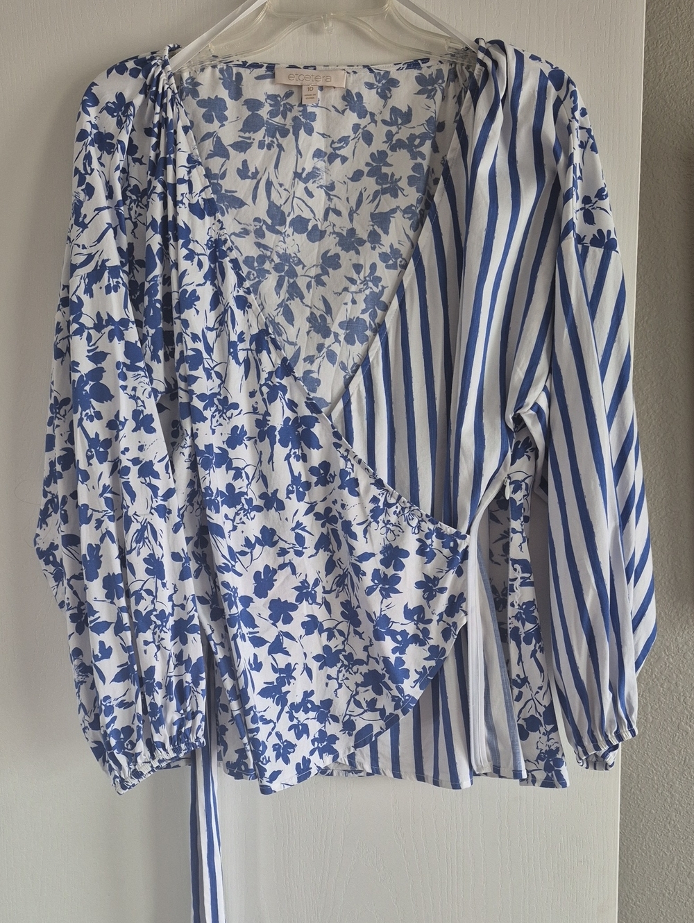 Etcetera Blue and White Mixed-Print Wrap Blouse